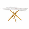 Mesa de Comedor de Mármol Artificial y Cristal con Patas Metálicas en Blanco Dorado