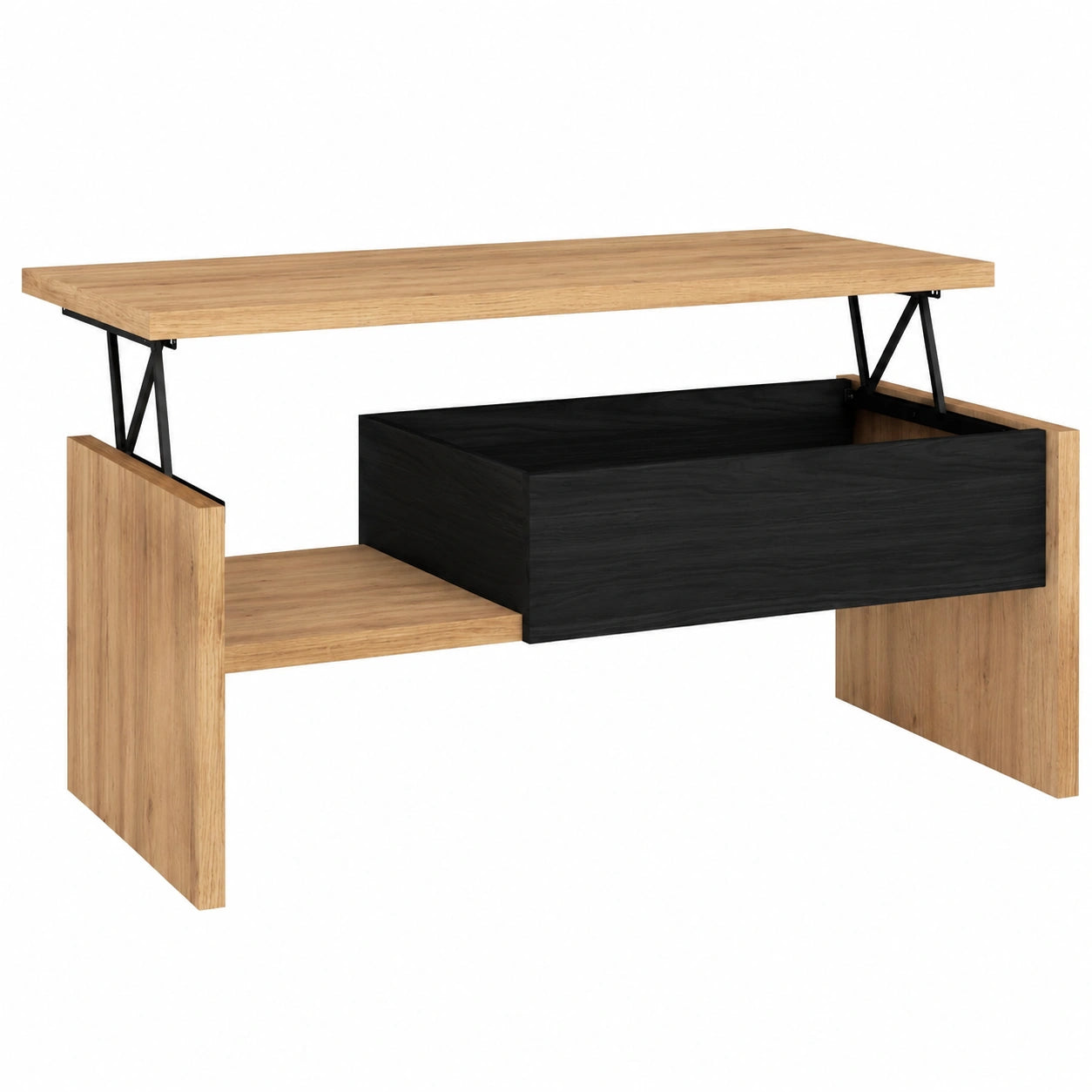 Mesa de Centro Elevable Moderna para Salón, Roble y Negro, 110x50x45 cm